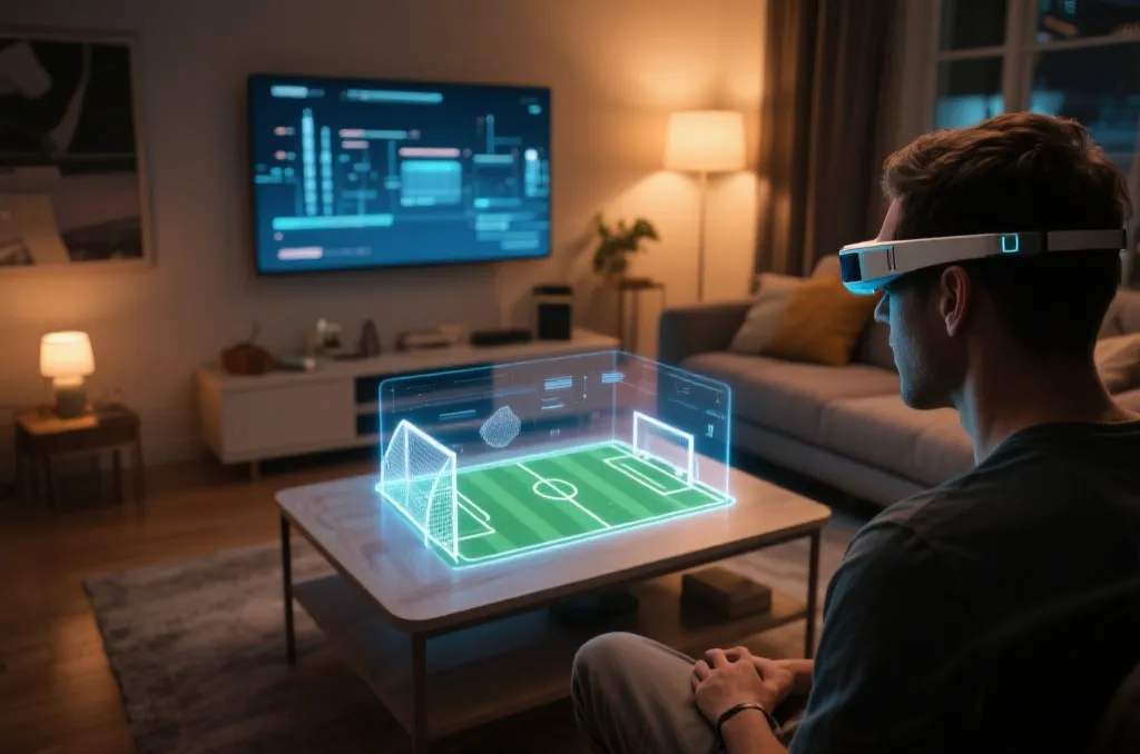 A high-tech living room with smart glasses showing a simulated holographic sports match